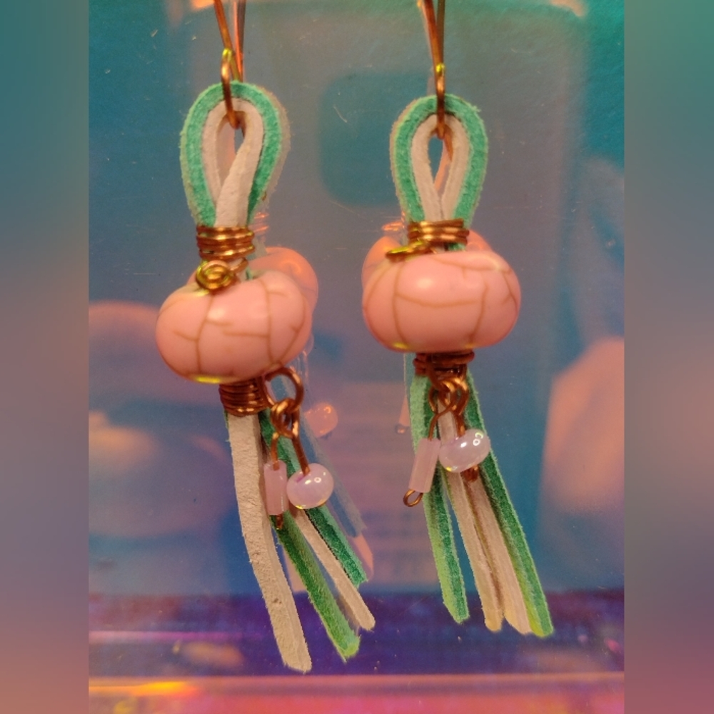 Copper wire wrapped beaded faux leather cord earrings